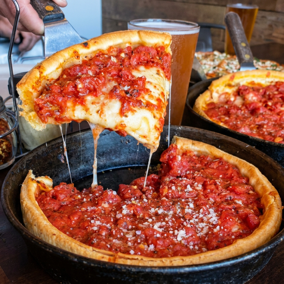 Deep-dish pizzas topped with tomato sauce and cheese sit in black pans, with a slice lifted beside pints of beer.