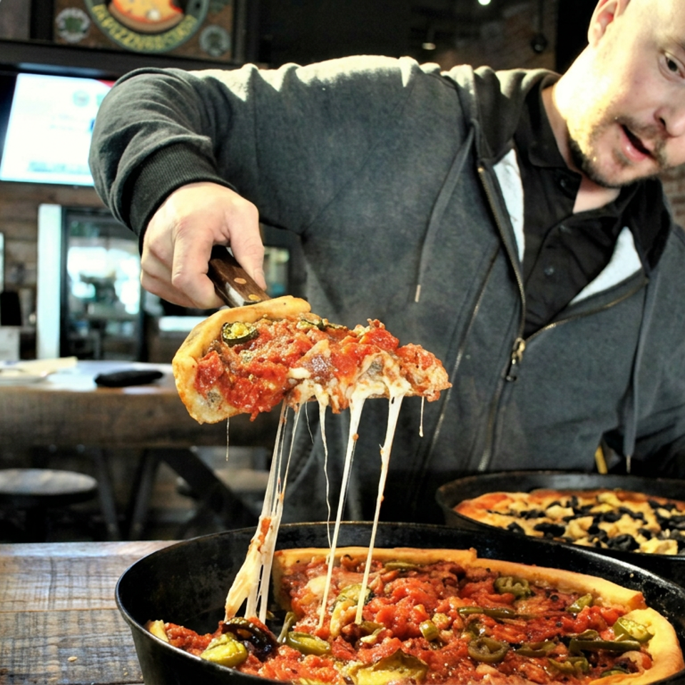 Man lifts a slice of cheesy deep-dish pizza from a pan inside a lively bar, with beer and additional pizzas nearby.