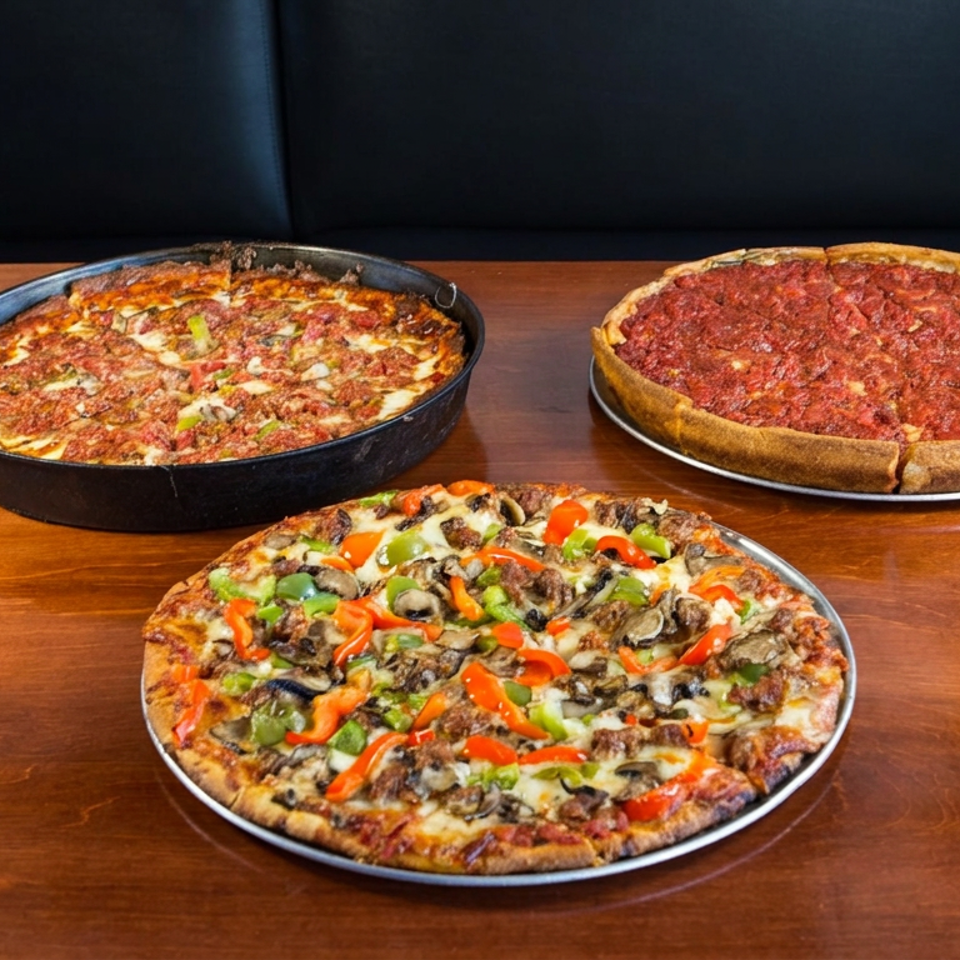 Three pizzas on a wooden table, including a vegetable-topped pizza, a deep-dish pizza, and a cheese-and-pepperoni pizza.