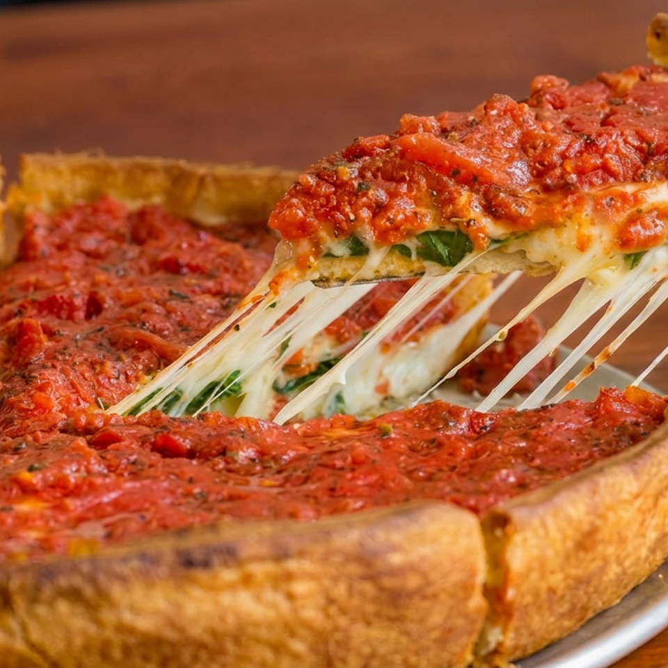 A slice of deep-dish pizza lifts from the pie, revealing stretchy melted cheese, tomato sauce, and green peppers.