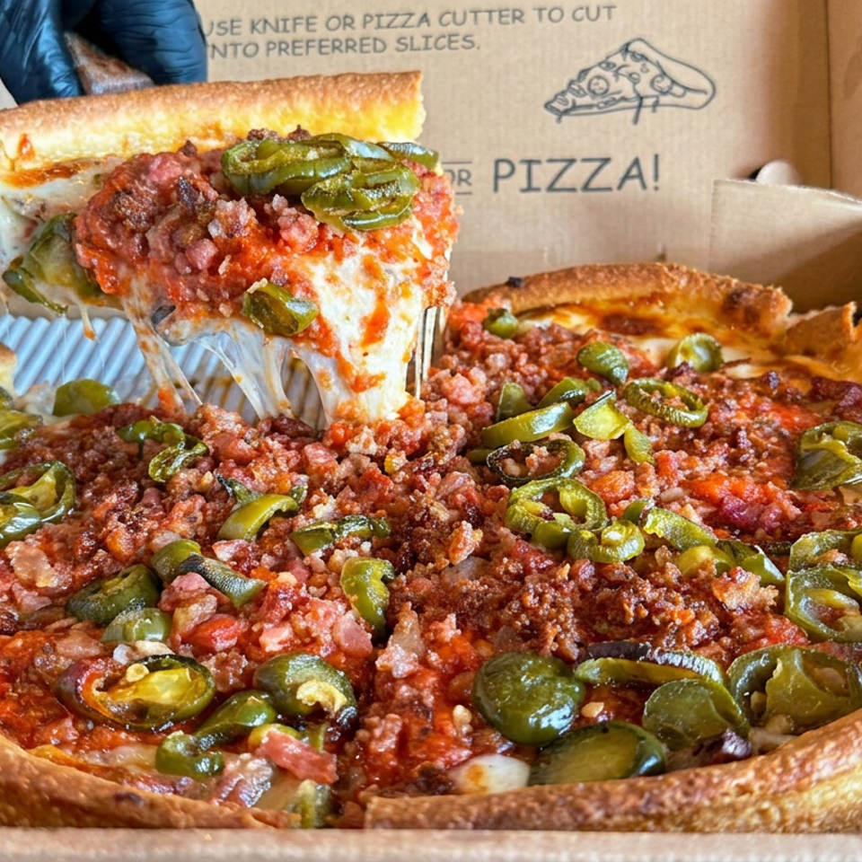 Deep-dish pizza topped with crumbled meat and jalapeños, with a cheesy slice lifted from the open delivery box.