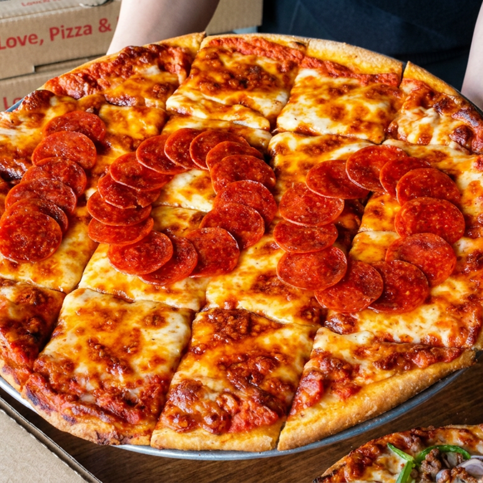 Square-cut pepperoni pizza with melted cheese on a serving tray, surrounded by pizza boxes on a wooden table.