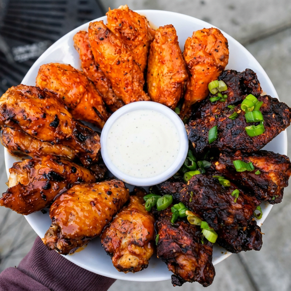 White plate of saucy and charred chicken wings surrounding a cup of creamy dipping sauce, topped with chopped green onions.