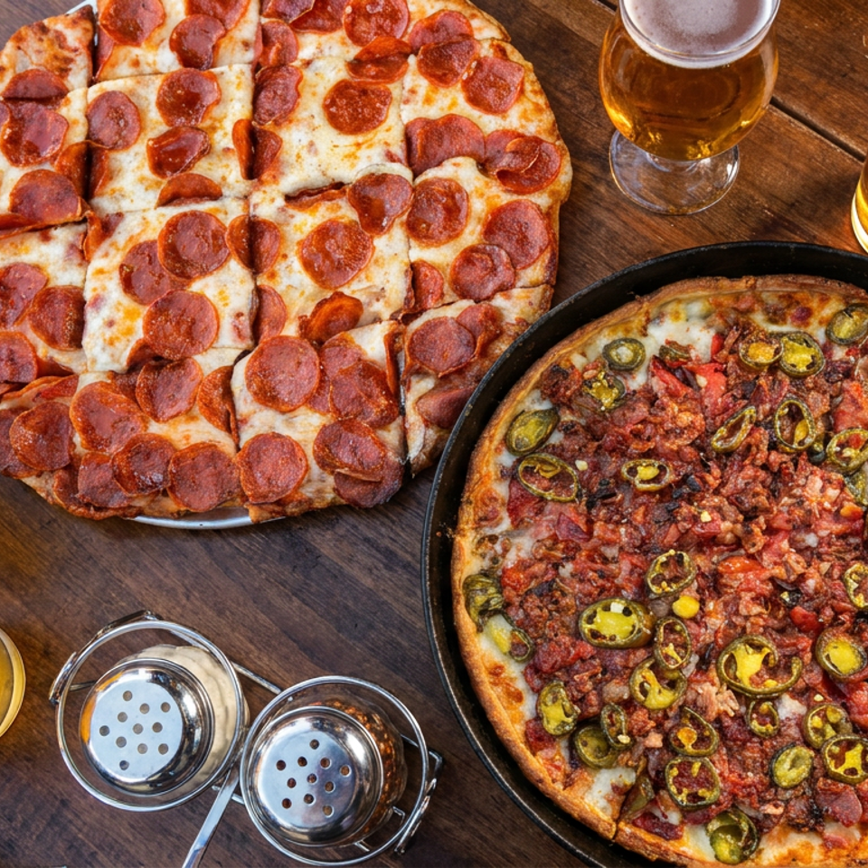 Pepperoni pizzas, including a jalapeño-topped pie, are arranged with four beers and seasonings on a wooden restaurant table.
