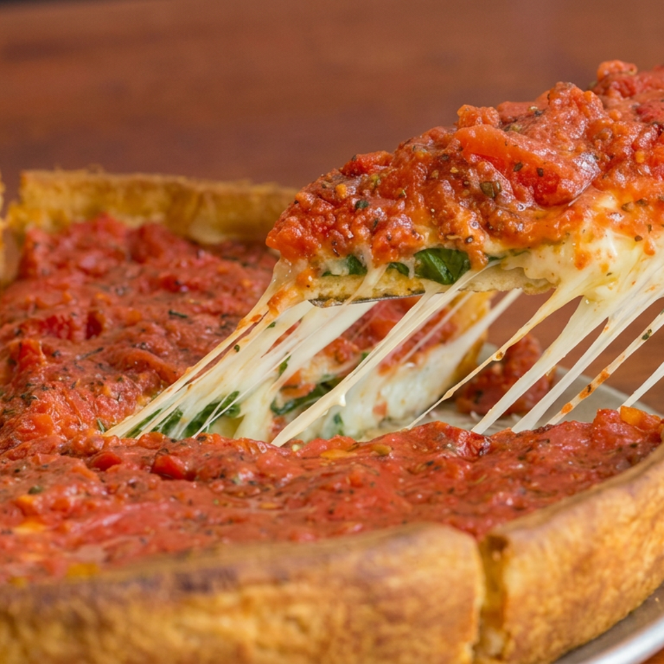 Slice of deep-dish tomato pizza lifted from a pan, with melted cheese stretching over the remaining pie.