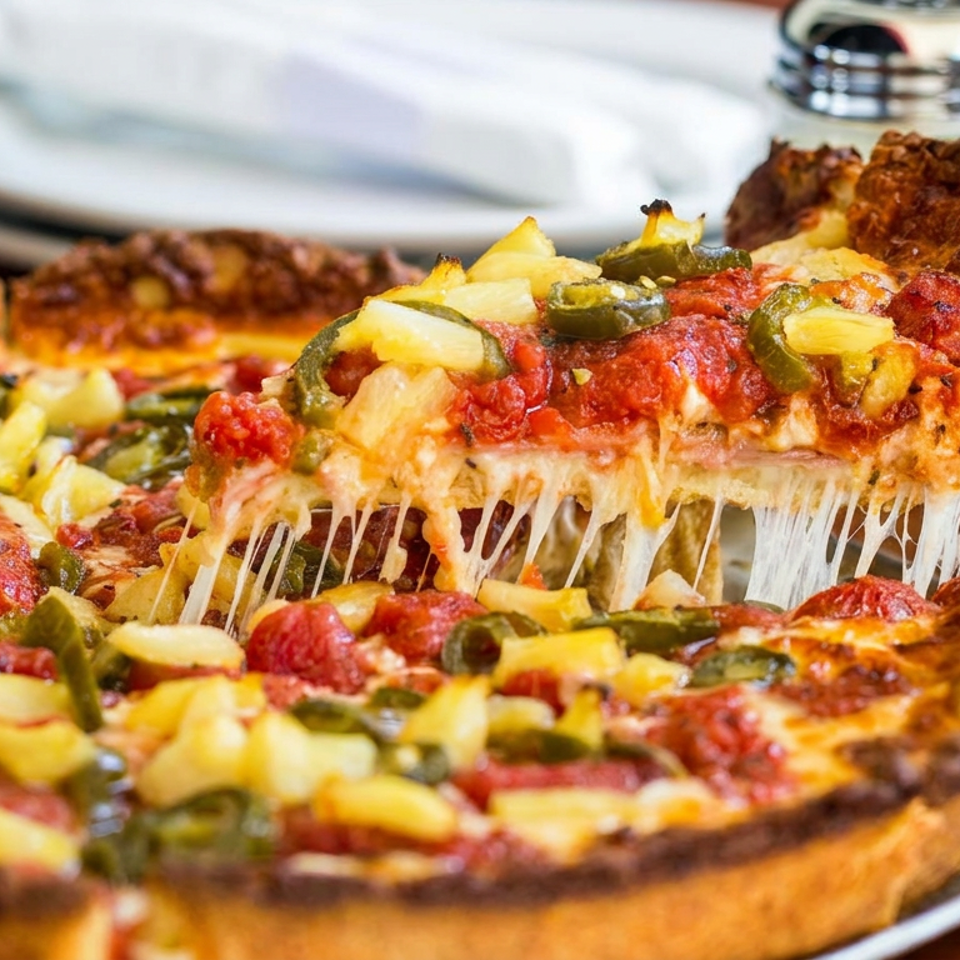 A hand lifts a cheesy slice of thick-crust pizza topped with pineapple, jalapeños, and tomatoes from a pan.