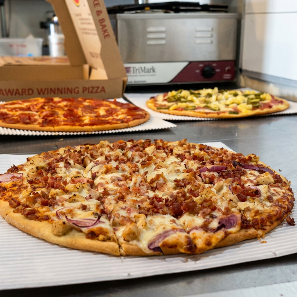 Three freshly baked pizzas with assorted toppings sit on corrugated trays atop a stainless-steel kitchen counter.
