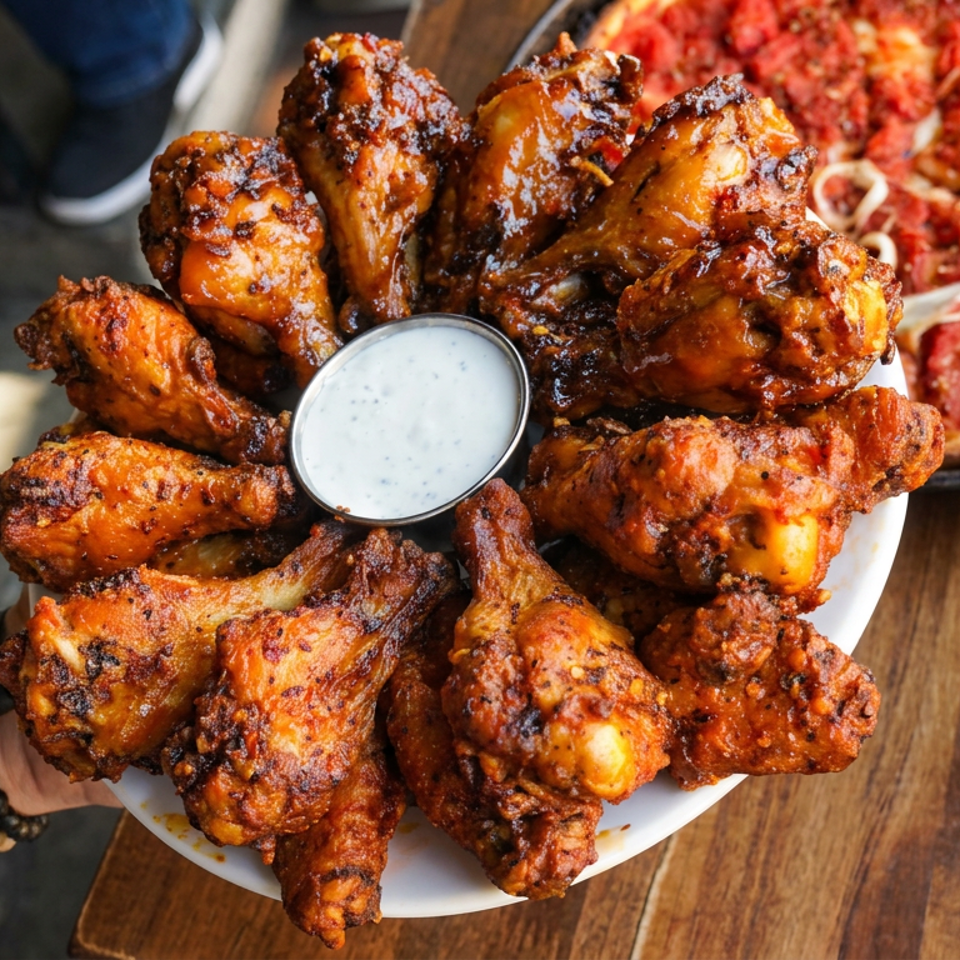 Plate of crispy glazed chicken wings with dipping sauce, alongside a pepperoni pizza on a wooden table.