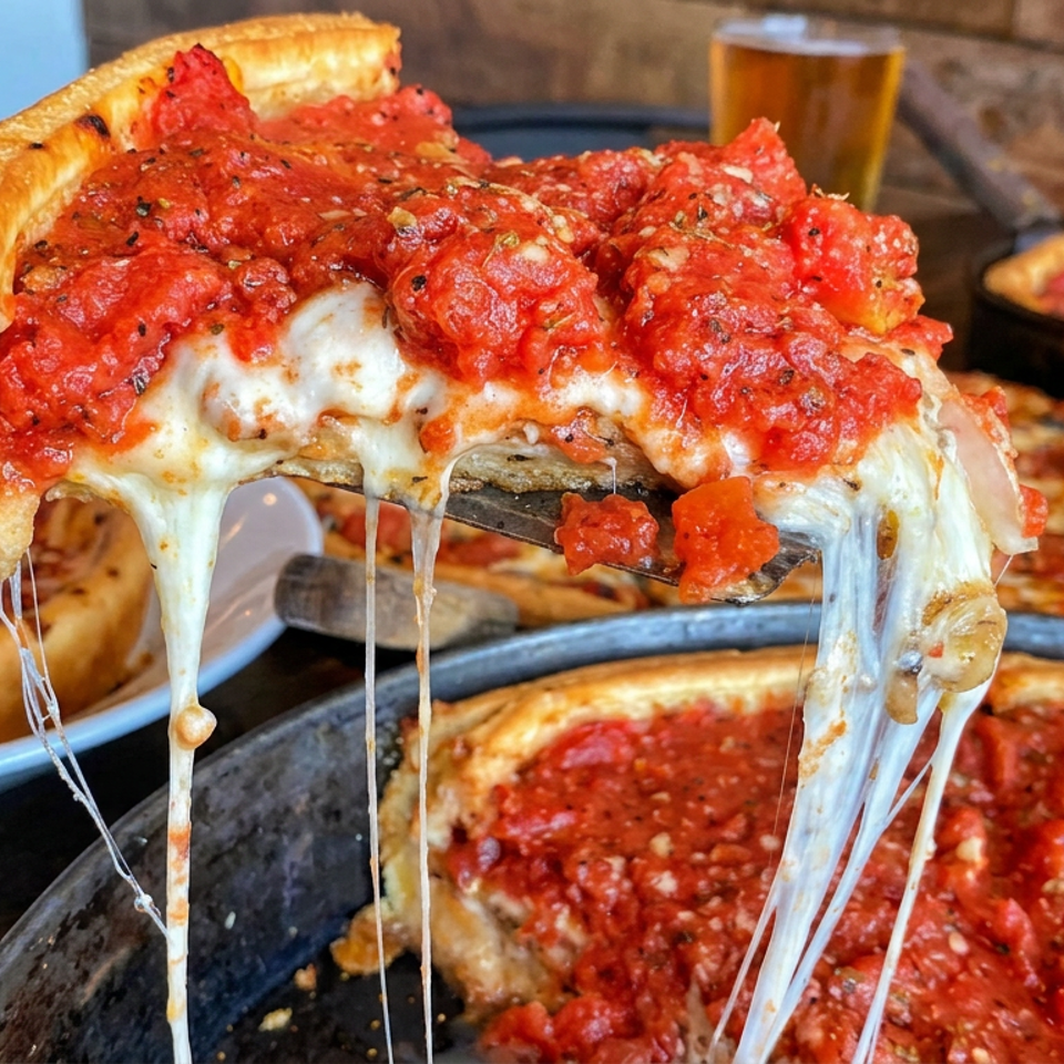Close-up of a deep-dish pizza slice lifted from a pan, topped with chunky tomatoes and stretching melted mozzarella.