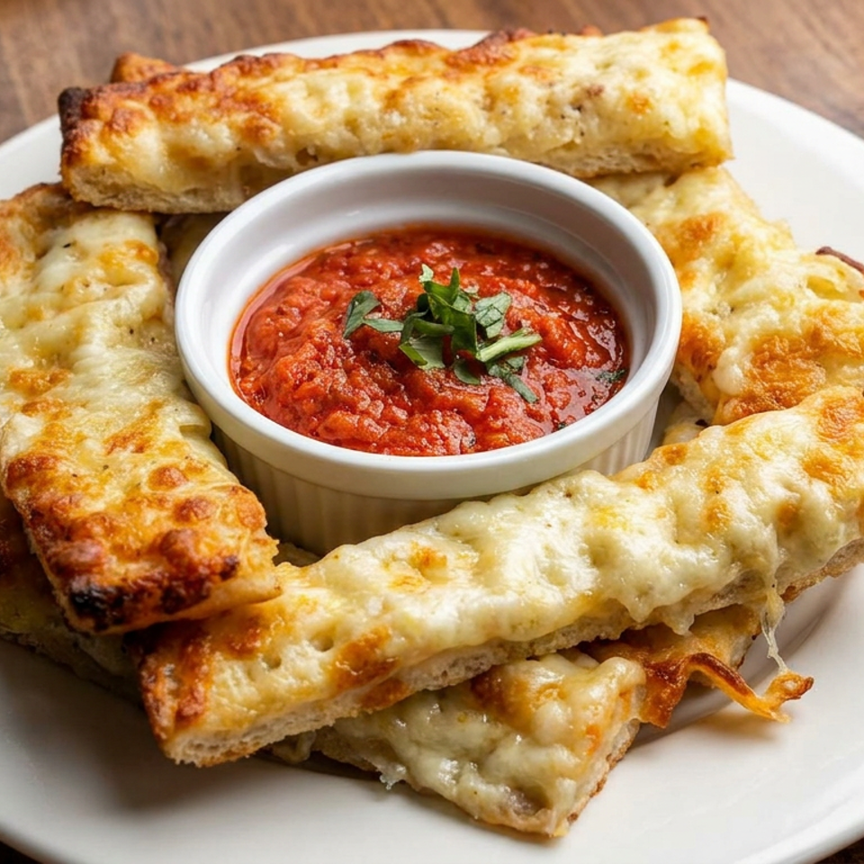 Golden cheesy breadsticks arranged around a bowl of marinara sauce on a white plate atop a wooden table.