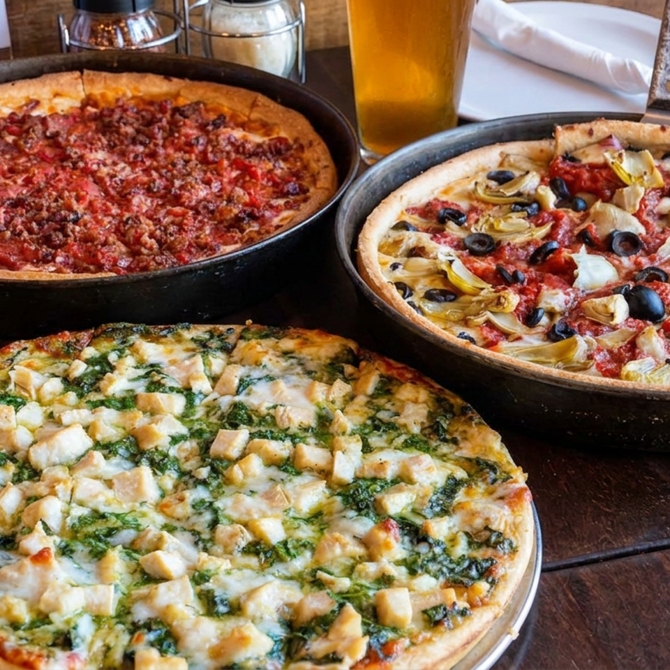 Three deep-dish pizzas with meat, vegetables, olives, spinach, chicken, and cheese served alongside glasses of beer on a wooden table.