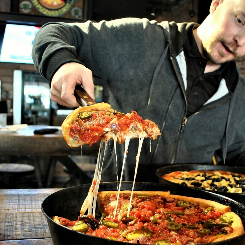 Man lifts a cheesy deep-dish pizza slice over a pan, with two pizzas and a pint of beer on a restaurant table.