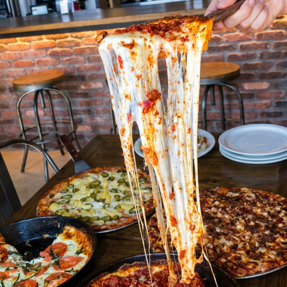 Stretchy melted cheese lifts from a pizza in a lively brick-walled restaurant with additional pizzas on the table.