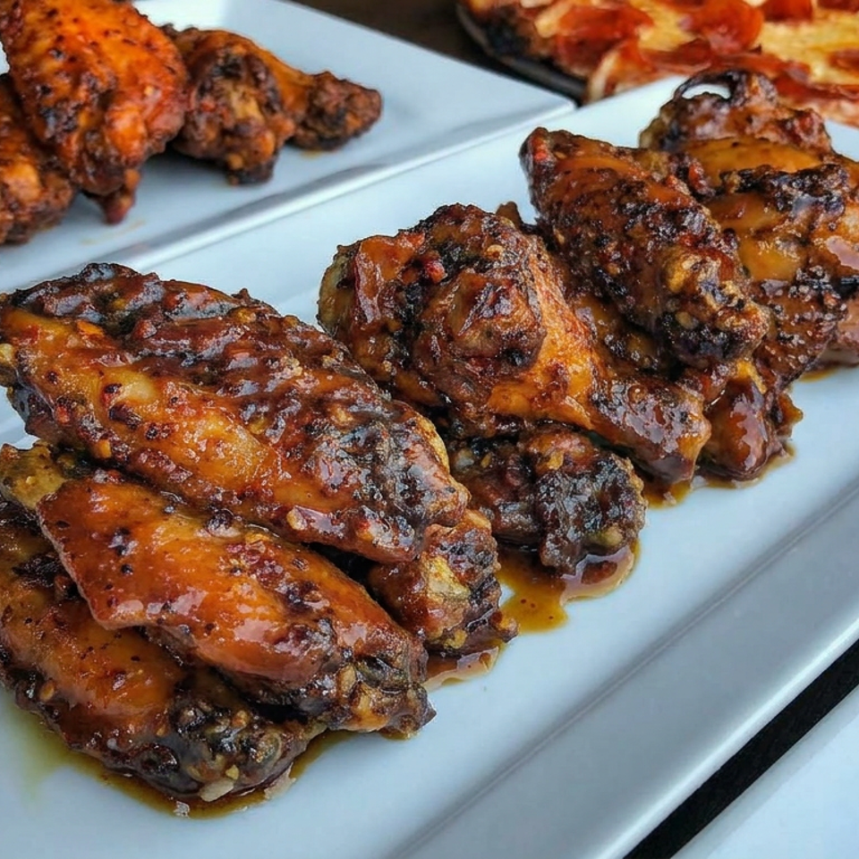 Glazed, char-grilled chicken wings are piled on white platters, with a pizza visible in the background.
