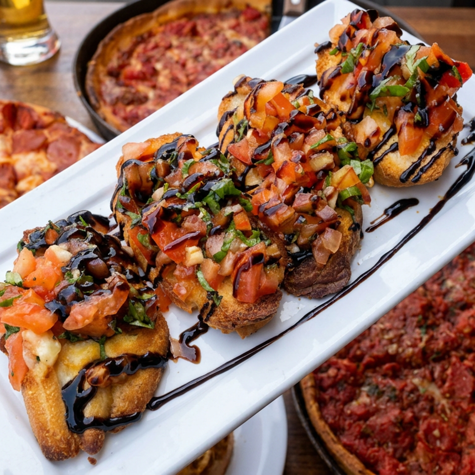 Plate of bruschetta topped with tomatoes, herbs, and balsamic glaze, held above several pizzas on a wooden table.