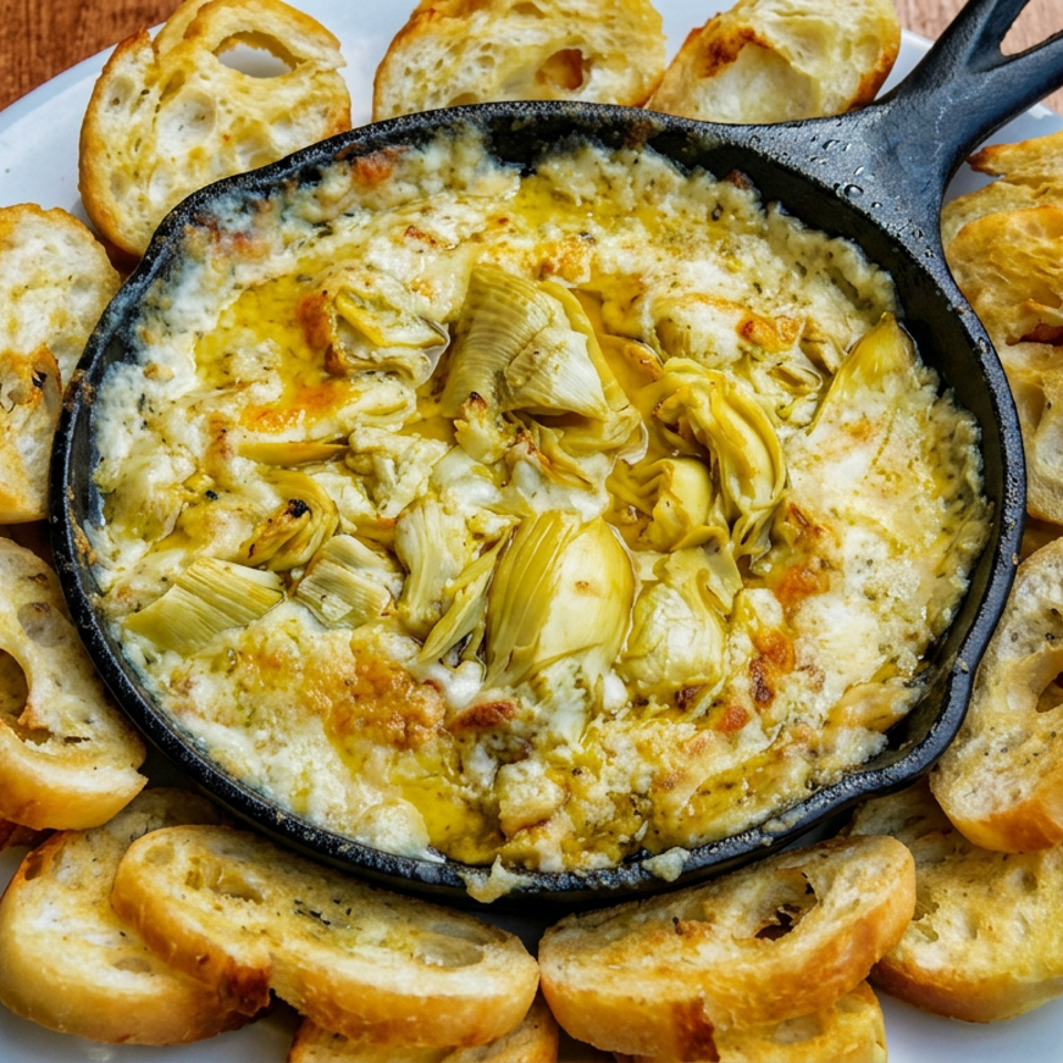 Creamy baked artichoke dip in a cast-iron skillet surrounded by toasted bread slices on a white plate.