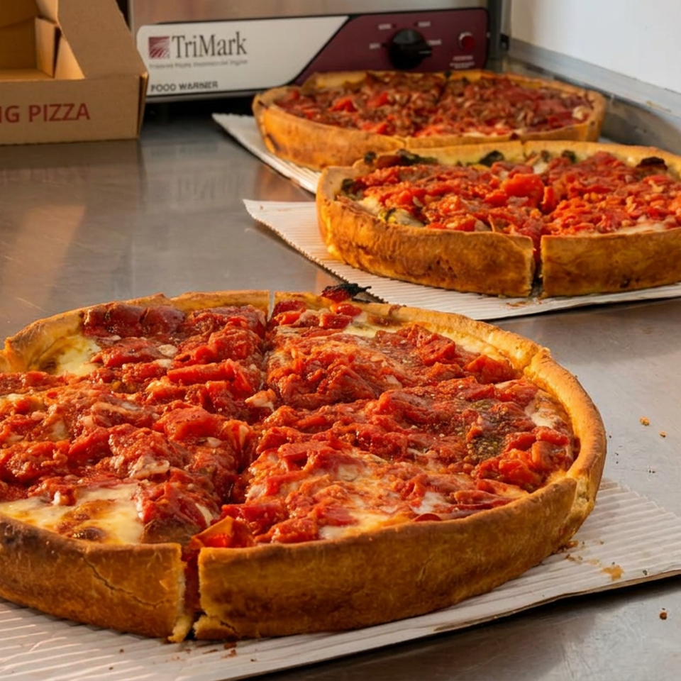 Three deep-dish pizzas topped with tomato sauce and cheese sit on cardboard trays beside a commercial food warmer.