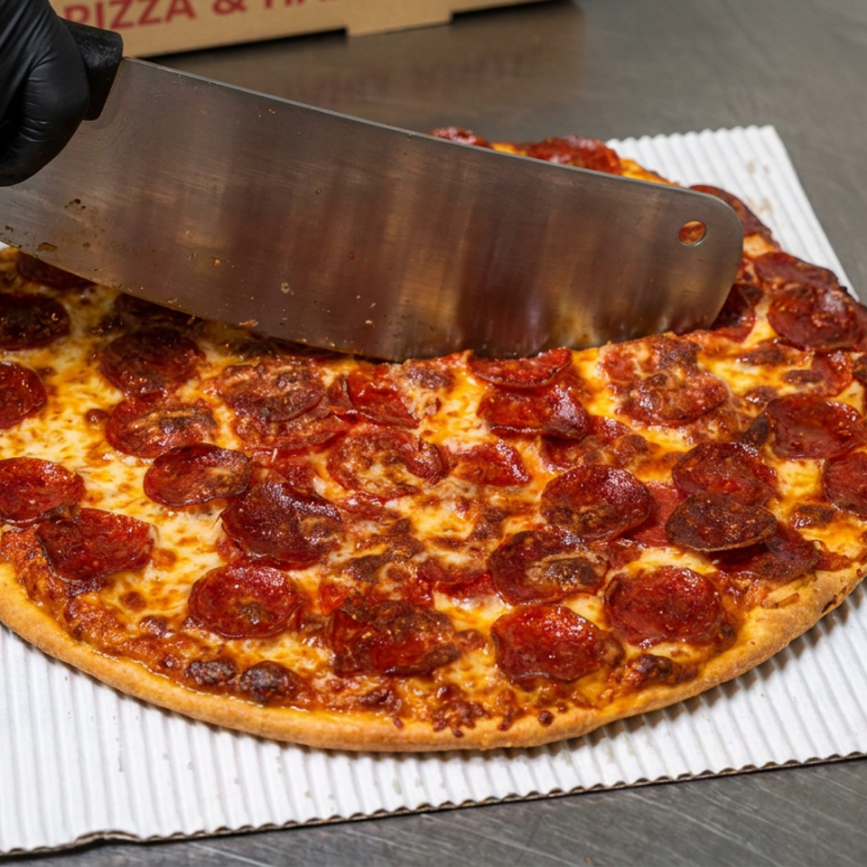 Gloved hand slices a pepperoni pizza with a large metal cutter on corrugated cardboard.