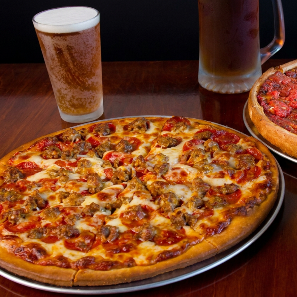 Two pizzas topped with cheese, pepperoni, and sausage sit on metal trays beside two frothy beers on a wooden table.