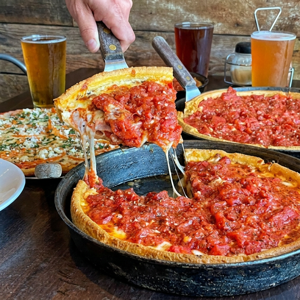 Deep-dish pizzas with chunky tomato sauce sit in pans as a cheesy slice is lifted, accompanied by drinks on a rustic wooden table.