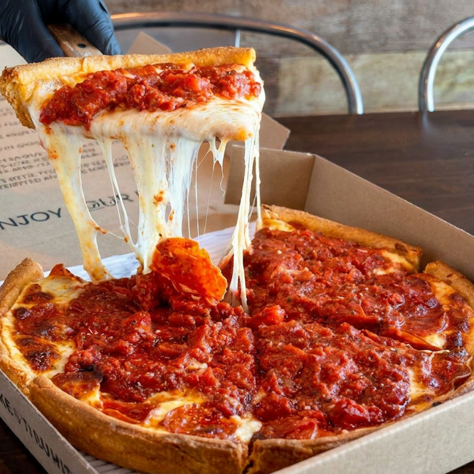 Hand lifts a cheesy pepperoni pizza slice from an open cardboard box on a restaurant table.