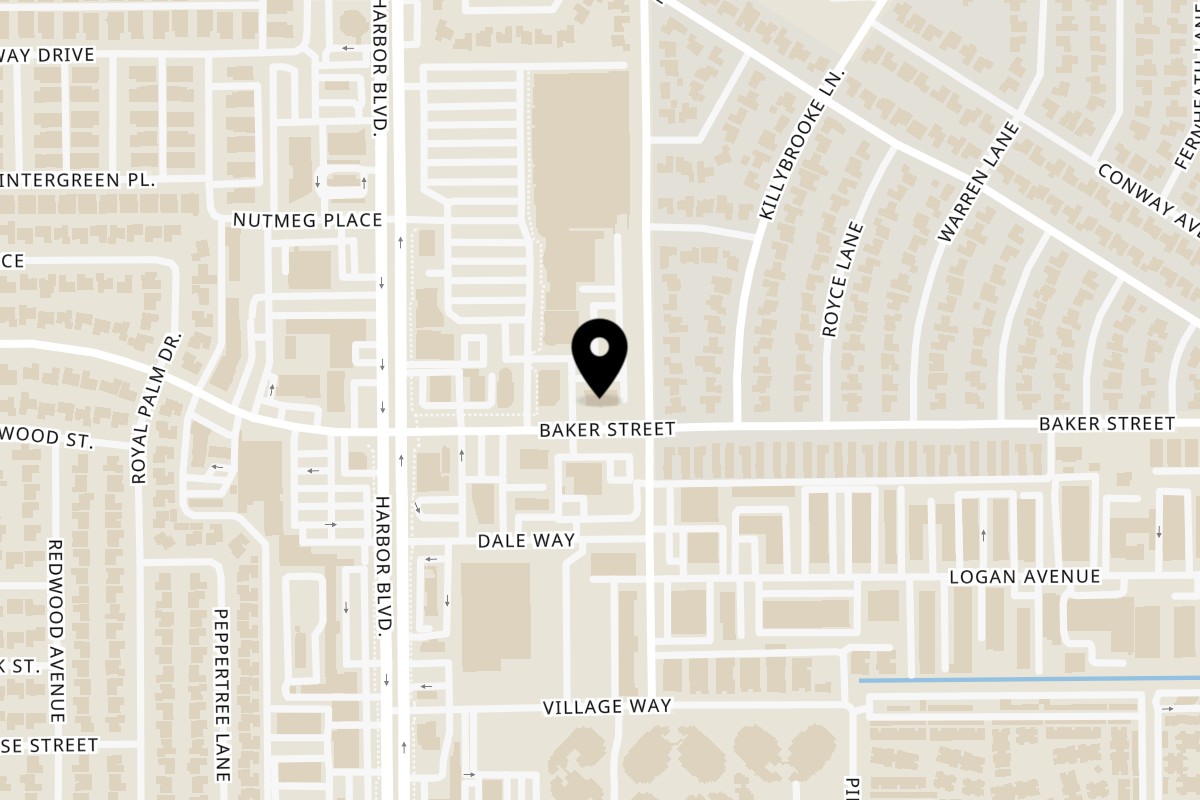 Map showing the location of Rance's Chicago Pizza Costa Mesa on 1420 Baker St in Costa Mesa